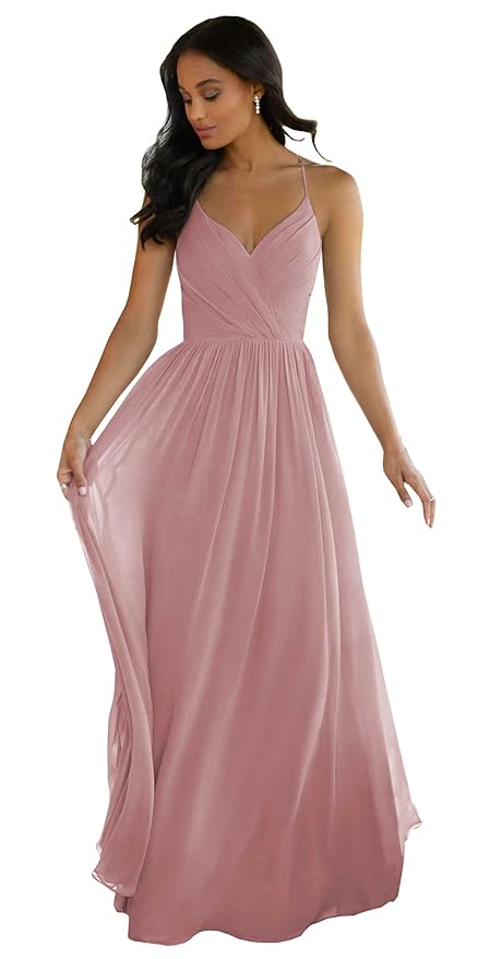 Women's V Neck Bridesmaid Dress Long for Wedding A-Line Chiffon Open Back Formal Gown with Pockets(Dusty Rose)