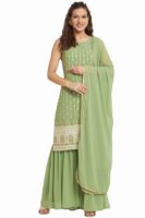 Women's Georgette Straight Kurta Sharara Set with Dupatta(Pista)