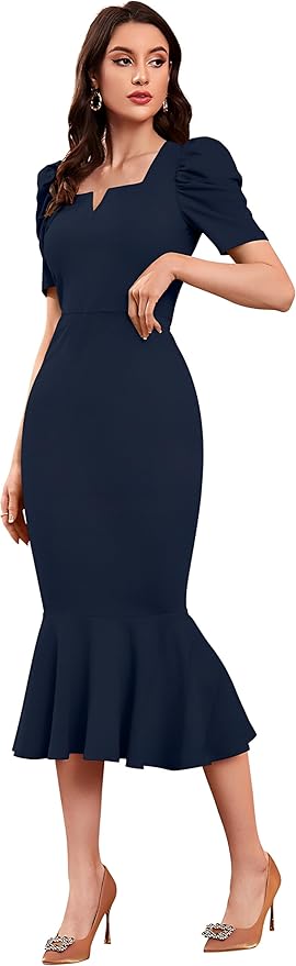 Women's Lycra Blend Sweetheart Neckline/V-Neck, Bodycon Dress with Short Puff Sleeve(Blue)