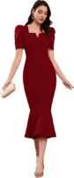 Women's Lycra Blend Sweetheart Neckline/V-Neck, Bodycon Dress with Short Puff Sleeve(Maroon)