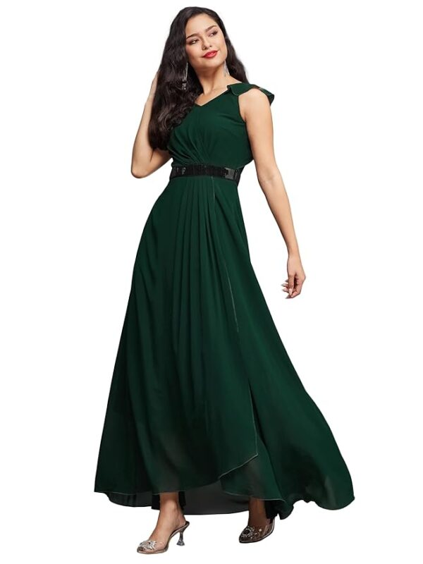 Women's Powder Blue V-Neck Ruffled Sleeve Solid Embellished Maxi Dress(Dark Green)