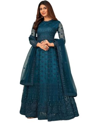 Women's Net Embroidered Semi-Stitched Gown Gown-New(Teal Blue)