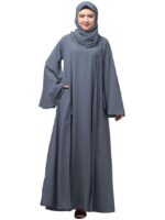Dual Layer Abaya Dress Of Inner Abaya And Detachable Shrug With Uniquely Designed Cuff(Grey)