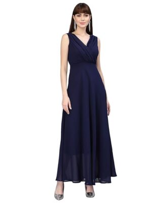 Flare Solid Pleated Neck Dress(Blue)