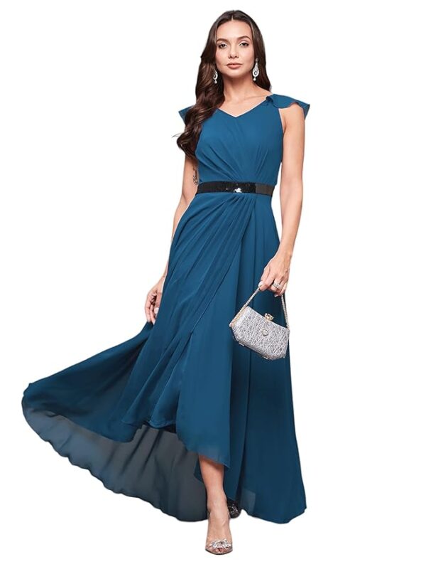 Women's Powder Blue V-Neck Ruffled Sleeve Solid Embellished Maxi Dress(Royal Blue)