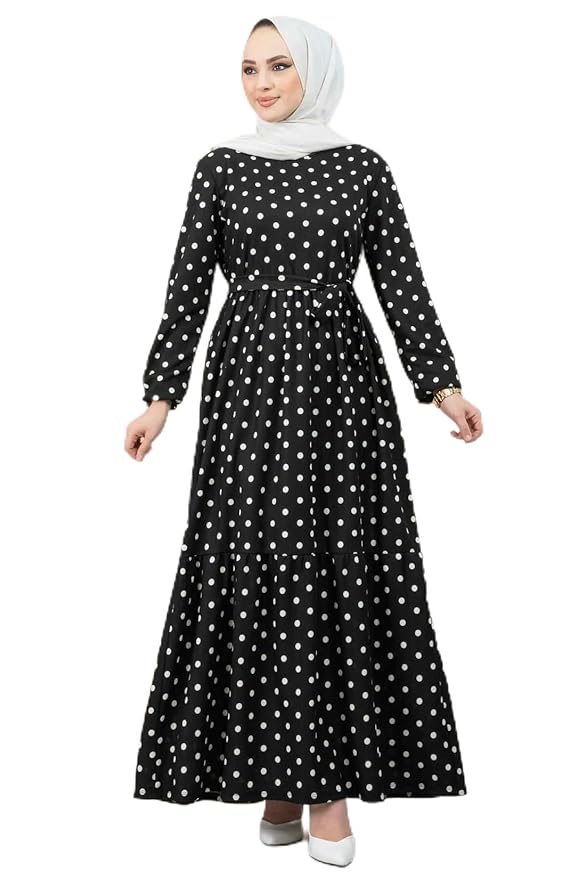 Abaya Dress Heavy Crepe Black and White Polka Dot Abaya for Women's Stitched Burqa Dress