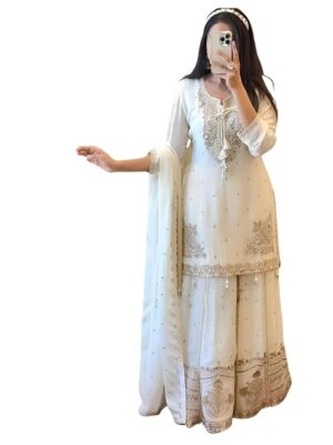 Elegant White Embroidered Sharara Set with Lace Details, Traditional Indian Ethnic Wear Fashionable