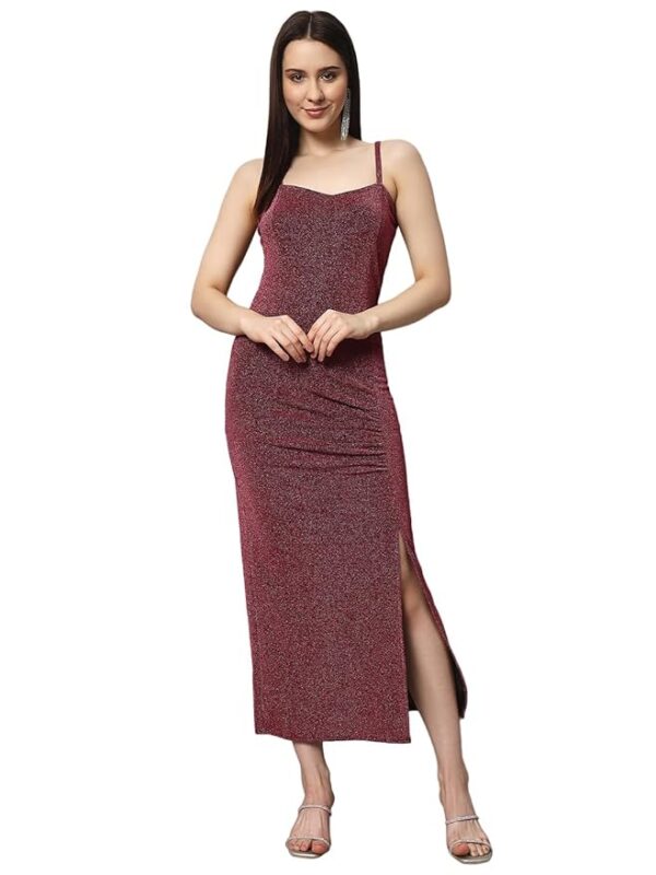 Party Dress for Women Bodycon | Shiny Lurex Fabric Shoulder Straps Front Slit Outfit