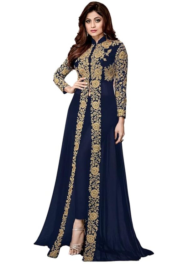 Women's Embroidered Georgette Semi-Stitched Anarkali Gown with Dupatta(Blue)