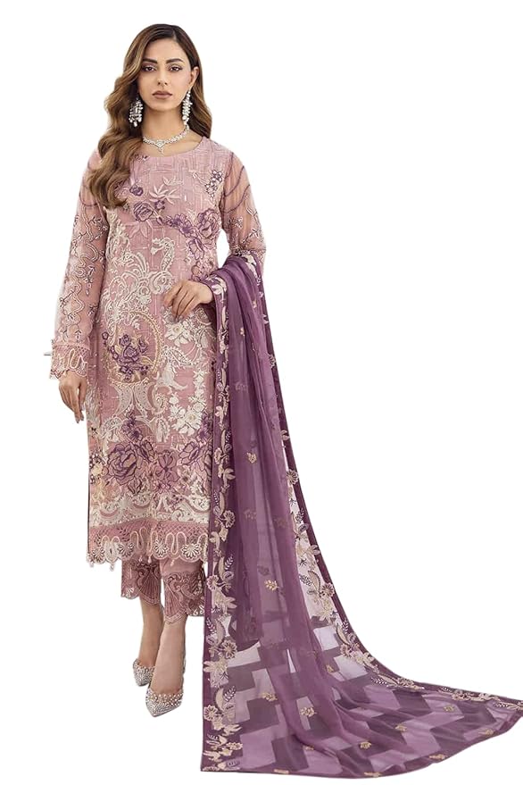 Women's Purple Faux Georgette Regular Fit Semi Stitched Top With Unstitched Bottom and Dupatta Embroidered Straight Top Dress Material