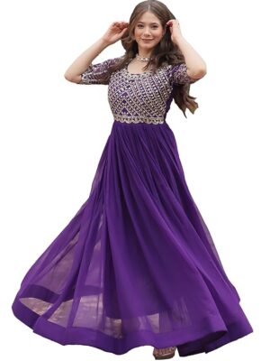 Georgette Embroidered Anarkali Gown for Women(Purple)