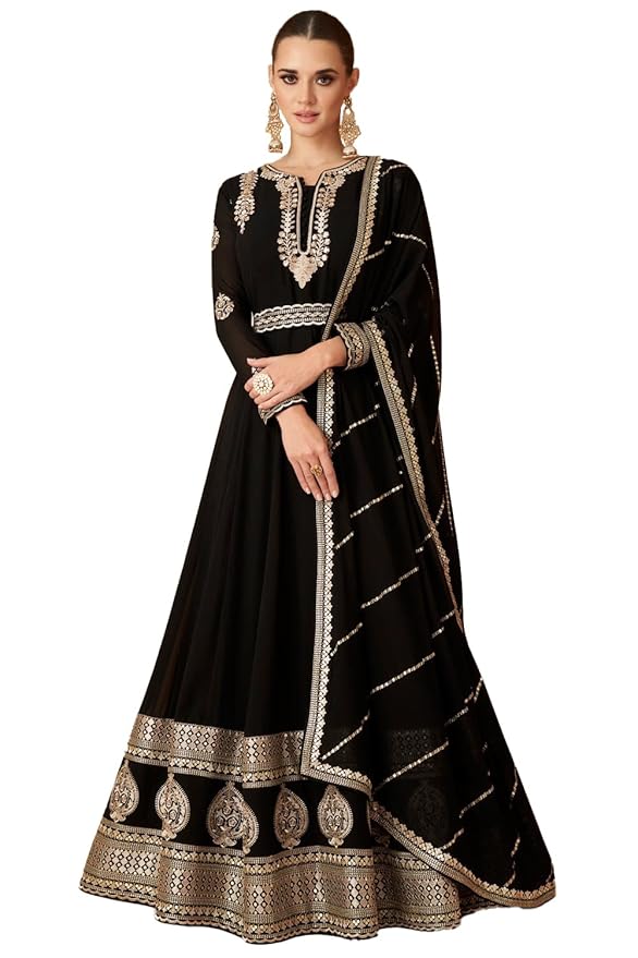 Women's Black Faux Georgette Stitched Top with Dupatta Full Sleeve Embroidered Anarkali Gown