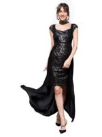 Women's Square Neck Short Sleeve Embellished Layered Maxi Dress(Black)