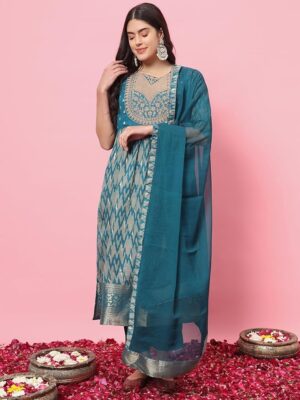 Women's Cotton Silk Kurta Pant Set with Nazmin Jacquard Lace Dupatta(Teal Blue)