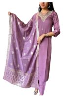 Women's Viscose Silk Embroidery Kurta Bottom Set, and Dupatta Set Traditional Kurta Set for Women(Rose Pink)