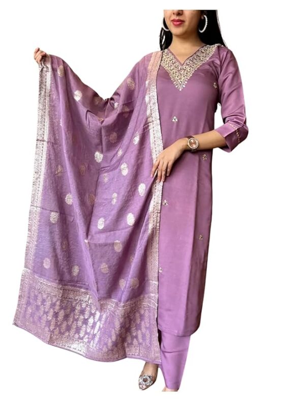 Women's Viscose Silk Embroidery Kurta Bottom Set, and Dupatta Set Traditional Kurta Set for Women(Rose Pink)