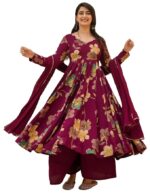 Women's Anarkali Palazzo Dupatta Set | Wine Color Ethnic Dress for Women | Cotton Blend Floral Print Suit Set