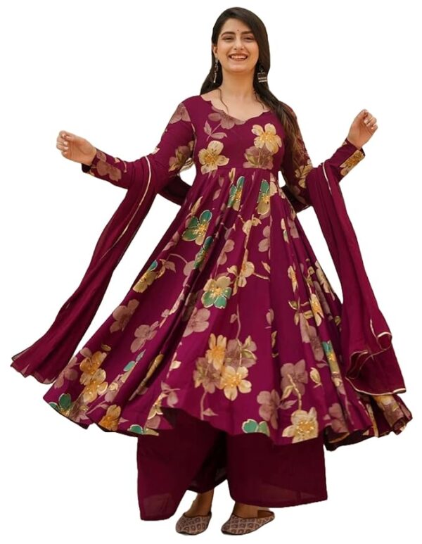 Women's Anarkali Palazzo Dupatta Set | Wine Color Ethnic Dress for Women | Cotton Blend Floral Print Suit Set