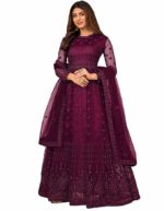 Women's Net Embroidered Semi-Stitched Gown Gown-New(Wine)