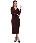 Women's Stylish Casual Evening Textured Full Sleeve V-Neck Bodycon Body Fitted Midi Dress, Maroon