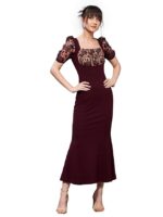 Women Bodycon Square Puff Sleeve Solid Lace Overlaid Ankle Length Dress(Wine)