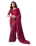 Women's Satin Silk Hot Fixing Stone Work Saree with Unstitched Blouse(Maroon)