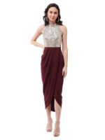 Women's Wine Halter Neck Sleeveless Solid Embellished Midi Dress(Wine)