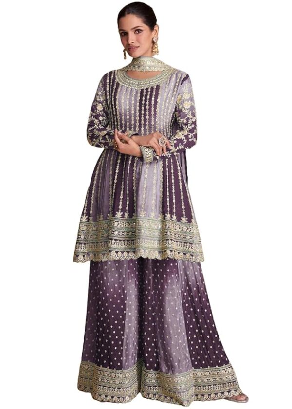 Dual Tone Strip Chinon Heavy Embroidered Stitched Sharara Suit Set With Dupatta(Purple)