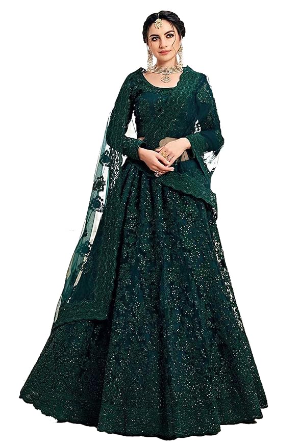 Women's Silk Semi-Stitched Lehenga Choli Set(Green)