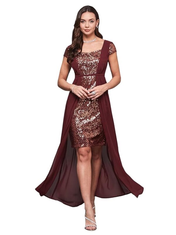 Women's Square Neck Short Sleeve Embellished Layered Maxi Dress( Wine)