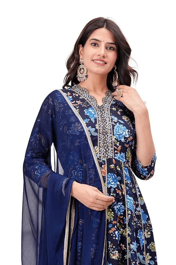 Women's Rayon Kurta with Pant & Dupatta Set(Blue)