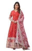 Georgette Embroidered Long Anarkali(Red)
