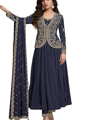 Women's Silk Blend Embroidery Alia Cut Kurta Pant Set with Dupatta(Blue)
