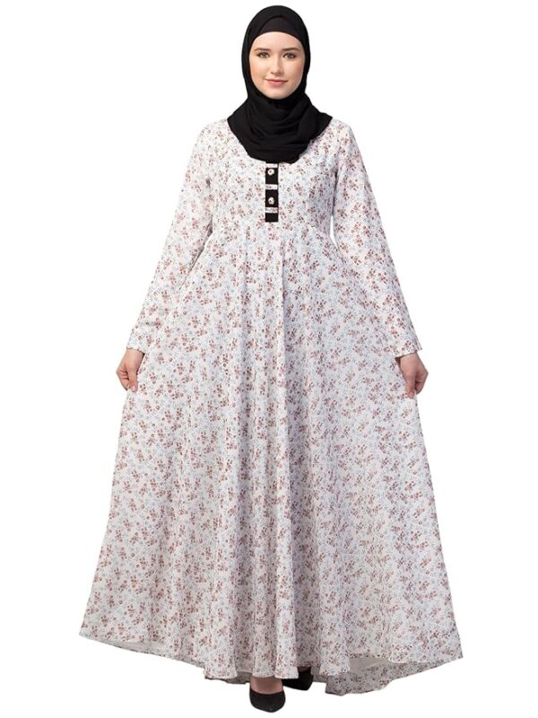 Women Floral Printed Long Maxi Dress Abaya Made in Georgette fabric With Regular Sleeves(White)