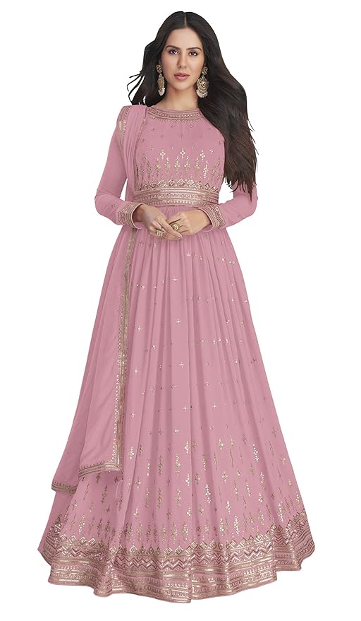 Georgette Embroidered Semi-Stitched Gown for Women(Pink)