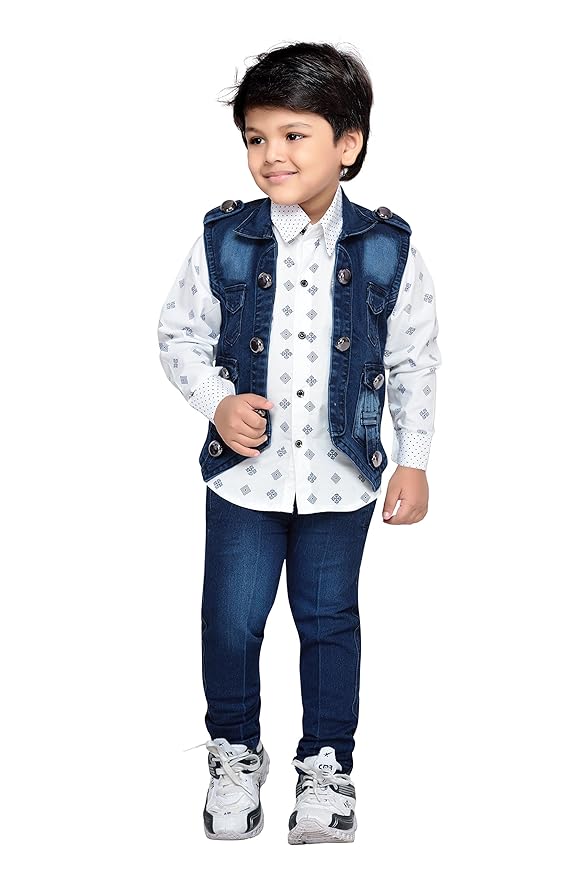 Kids Cotton Blend Full Sleeve Shirt & Denim Jeans Clothing Set for Boys - Casual Wear | Festival Wear For Boys