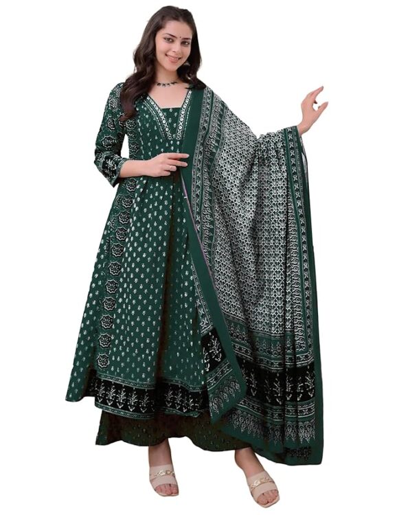 Women's Anarkali Kurta Set with Dupatta | Pure Cotton Suit Set for Women | Ajrakh Print Kurta Palazzo Dupatta Set(Green)