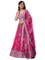 Women's Print And Sequins Embroidered Organza Semi-stitched Lehenga Choli Set With Dupatta(Pink)
