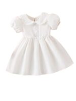 White Cotton Blend Frock Dress Kids Girls with Puff Sleeves lace Collar Front Button Detail Soft Flared Skirt