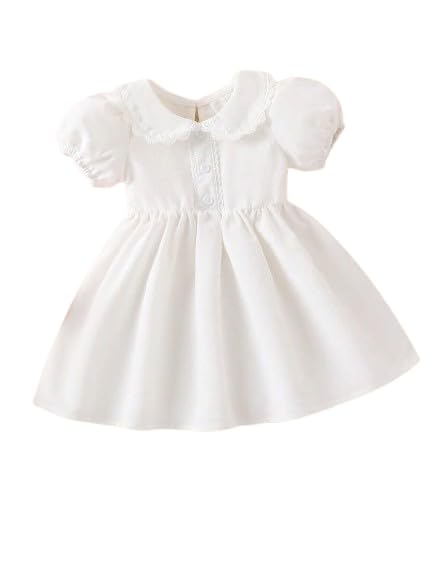 White Cotton Blend Frock Dress Kids Girls with Puff Sleeves lace Collar Front Button Detail Soft Flared Skirt