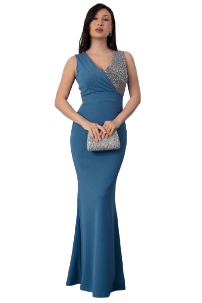 Elegant Evening Gown, V-Neck Sequin Bodice, Floor Length Blue Mermaid Dress