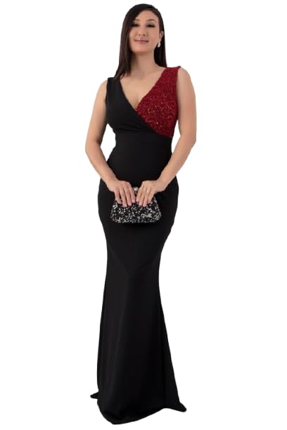 Elegant Evening Gown, V-Neck Sequin Bodice, Floor Length Black Mermaid Dress