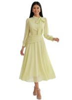 Women Elegant Midi Dress | Long Sleeve Fit & Flare Dress Western Dress for Women | Office, Evening, Casual(Yellow)