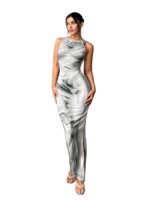 Women's Print Bodycon Maxi Dress – Sleeveless Slim Fit Long Dress with Side Slit – Elegant Gray| Tone Dress