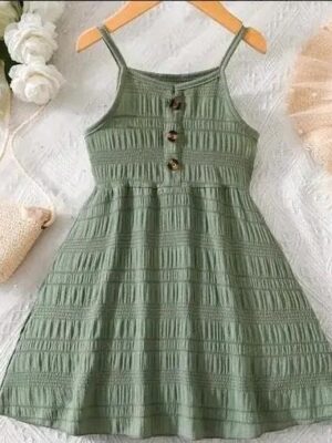 Kid Girl's Soft Cotton Green Sleeveless Frock Dress | Solid Color