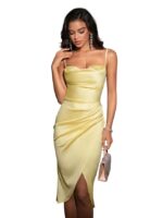 Yellow Women’s Satin Midi Dress with Spaghetti Straps | Elegant Ruched Bodycon Cocktail Dress
