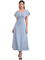 Sky Blue Women's A-Line Maxi Dress with V-Neck Pleated Bodice, Cap Batwing Sleeves, Polyester Elastane Evening Gown