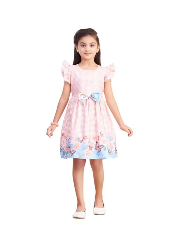 Girls Casual Wear Green Color Checks Print Cotton Frock(Peach)