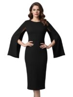 Women’s Solid Bodycon Midi Dress | Cape Sleeve Round Neck Western Party Dress