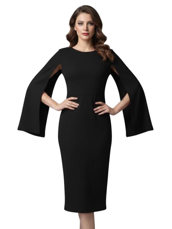 Women’s Solid Bodycon Midi Dress | Cape Sleeve Round Neck Western Party Dress